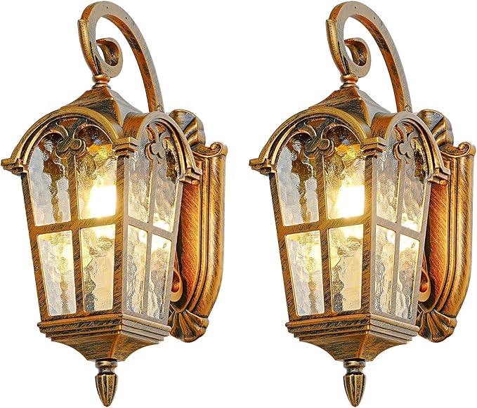 17.1 H Gold Outdoor Wall Lights - Waterproof &amp Anti-Rust Aluminum Porch Light Wall Mount Hammered Exterior Lighting Fixtures Outside Wall Lantern for Patio Doorway Garden 2 Pack