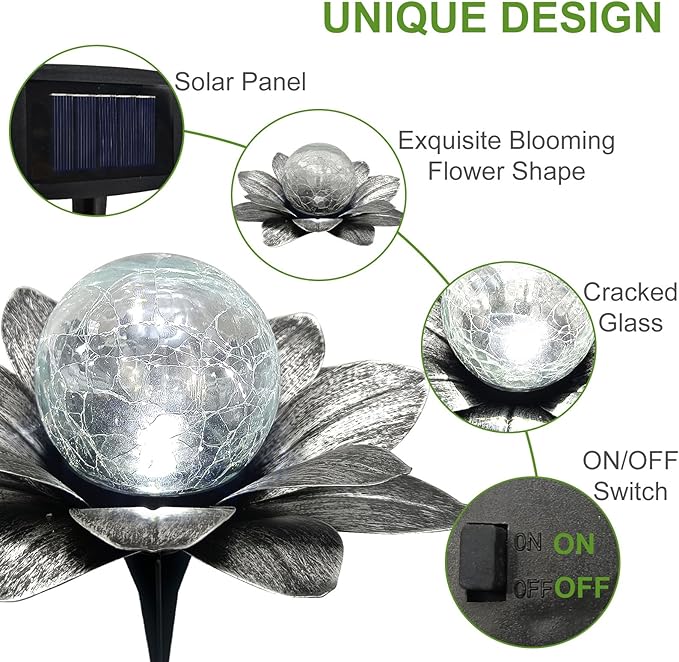 LEWIS&ampWAYNE Solar Garden Lights Outdoor 3 Pcs Silver Gray Lotus Flower Pathway Lamps with Cool White Crackle Glass Globe Led Lights for Patio Pathway Yard Balcony Garden Decorations