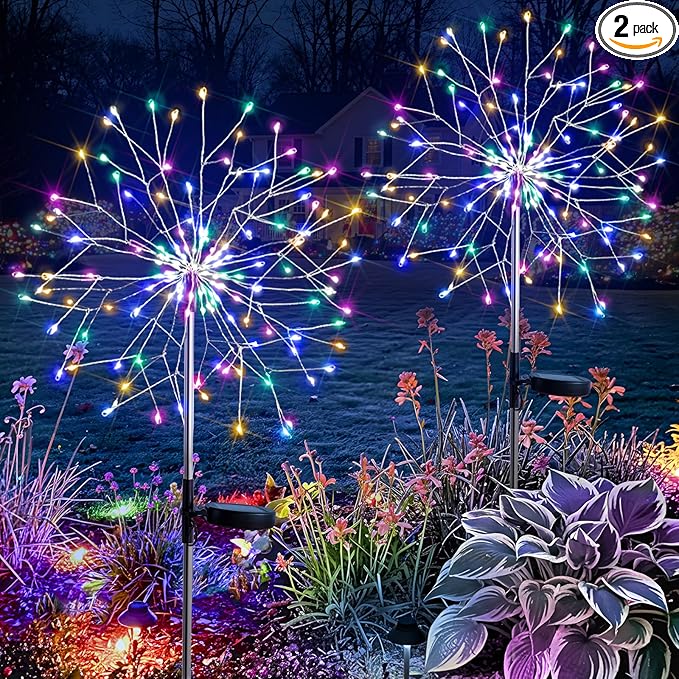 suddus Solar Garden Lights Outdoor Waterproof Upgrade 2 Pack 150LED Solar Firework Lights 8 Modes Starburst Fairy Light for Front Yard Driveway Bushes Patio Christmas Decor (Multicolor)