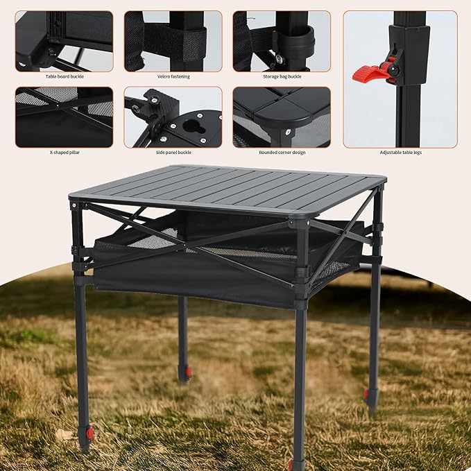 Nice C Aluminum Square Table Adjustable Height Folding Camping Table Lightweight Collapsible Table with Roll-up Tabletop Carry Bag for Outdoor Camping Picnic backyards BBQ (20'' Medium)
