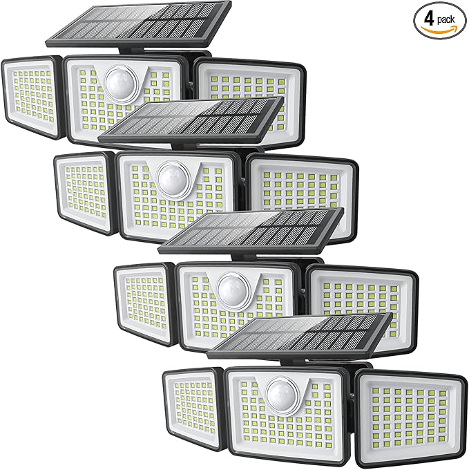 2500LM Solar Lights Outdoor with Motion Sensor3 Head 270° Wide Angle Street Area LightsIP65 Waterproof Security Lighting with 3 Modes(Remote4 Pcs)