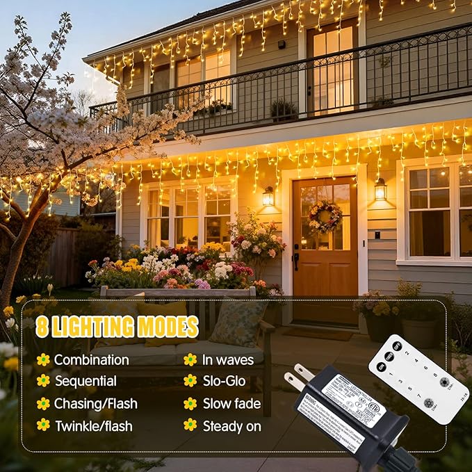 JMEXSUSS 38.8FT Icicle Lights for Outside 400 LED Icicle Christmas Lights Outdoor Indoor Plug in Warm White String Lights for Christmas House Patio Party Fireplace Holiday Decorations