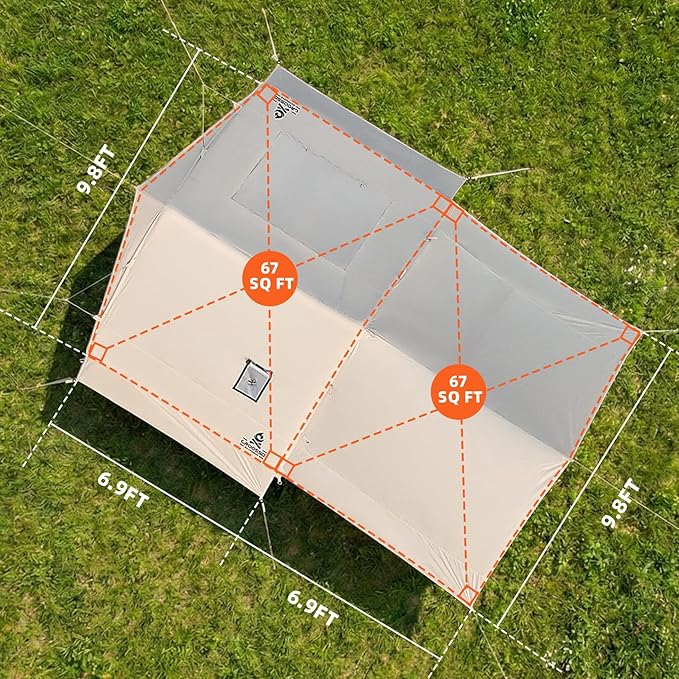 4 Person Inflatable Tent with Stove Jack &amp Canopy 4 Season Glamping Air Tent with Panoramic Skylight AC &amp Power Port Waterproof Blow Up Tent House for Camping Easy Setup