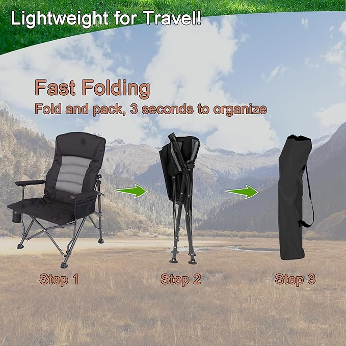 Camping ChairsAdjustable Backrest ChairOversized Lawn Chair Supports 350lbsOut Door Folding Chairs with Side Pockets and Cup HolderIdeal for BeachFishingCampingPatio Relaxation