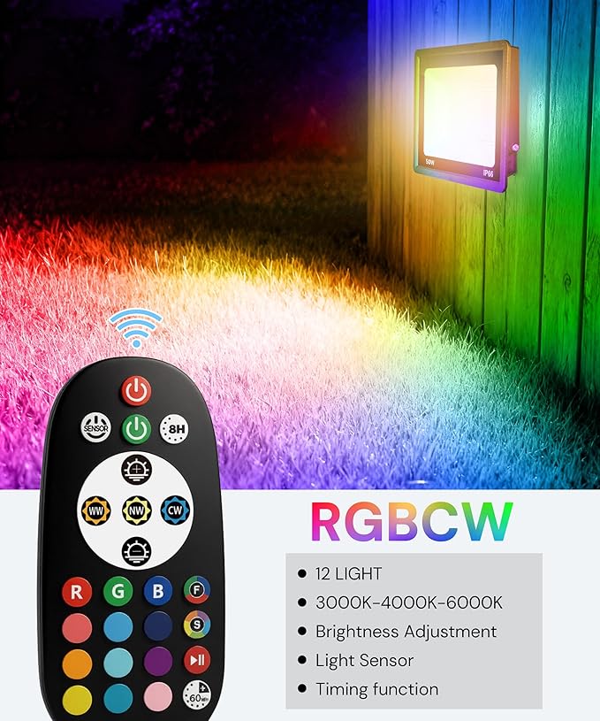 L LOHAS LED 50W Flood Light Outdoor RGB Landscape Lighting with Remote Control Timing - 2700K/4500K/6500K - Color Changing for Patio Backyard Step Wall IP66 US 3-Plug UL Listed (2 Pack)