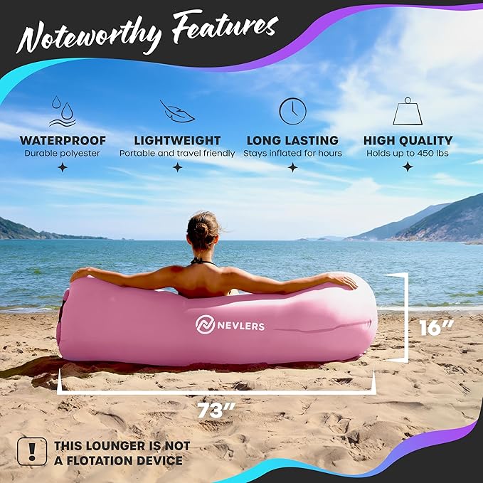 Nevlers Bubblegum Pink Inflatable Lounger | No-Pump Air Couch | 210T Polyester Outdoor Couch for Use as Portable Hammock &amp Beach Chairs | Blow Up Chair w/ 450 lbs. Capacity Pockets &amp Carry B