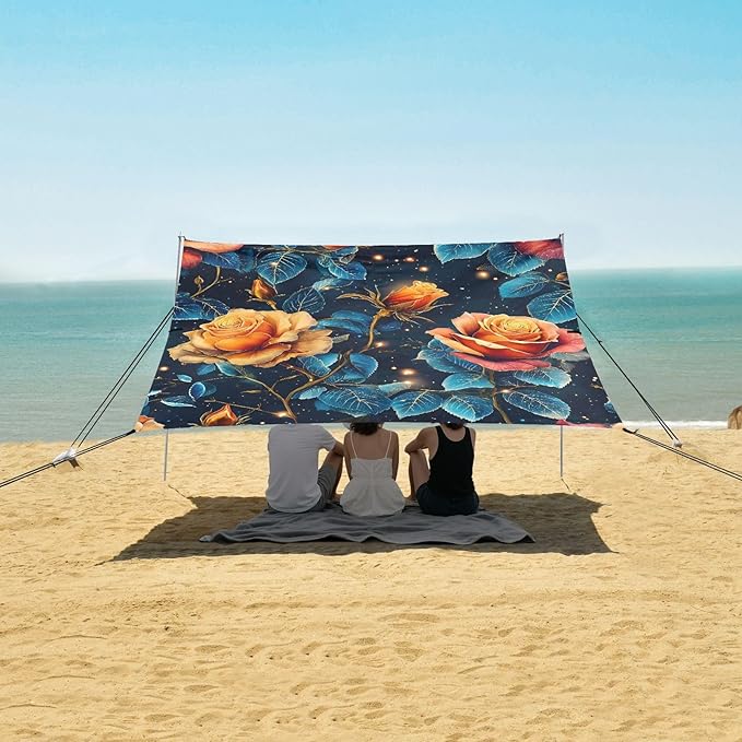 Bolaz Beach Canopy Tent Sun Shade9'×10.5' Large Family Beach Shade UPF50+- Outdoor Shade for Camping Trips FishingDreamy Rose Pattern