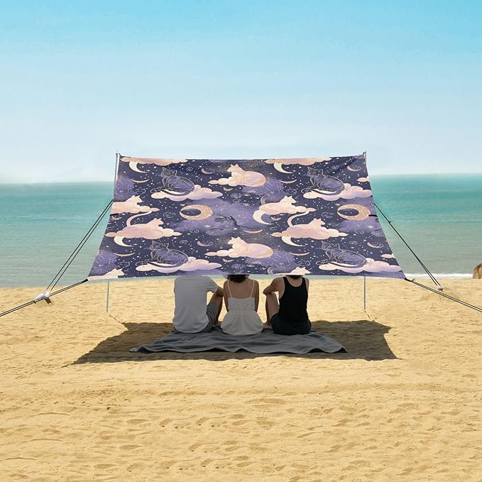 Camping Sun Shelters Moon Clouds and Cats Pattern Beach Canopy 126 * 110.2in
