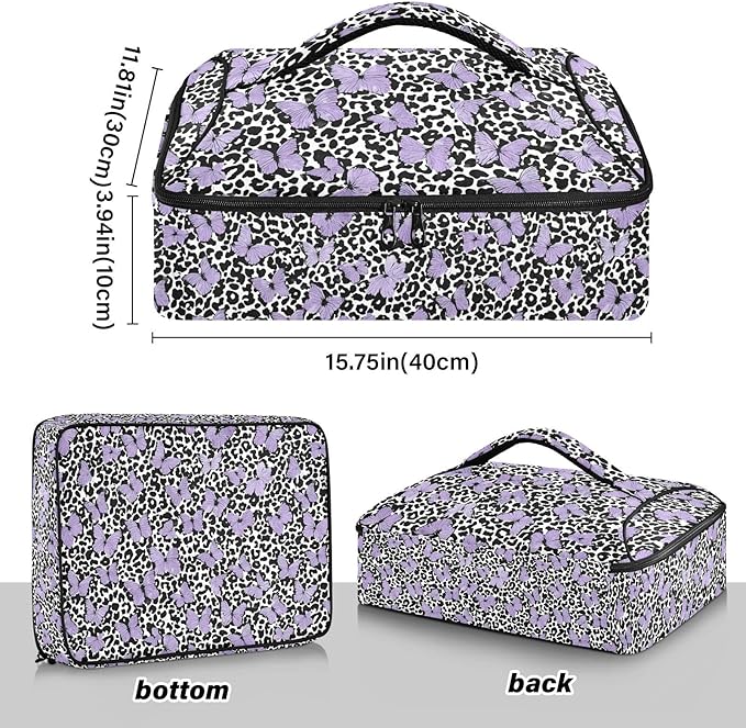 Casserole Carrier Leopard Print Pattern with Purple ButterfliesInsulated Casserole Carrier for Hot or Cold Food Thermal Lunch Tote for Potluck Parties Picnic Fits 9 x 13 Inches Baking Dish