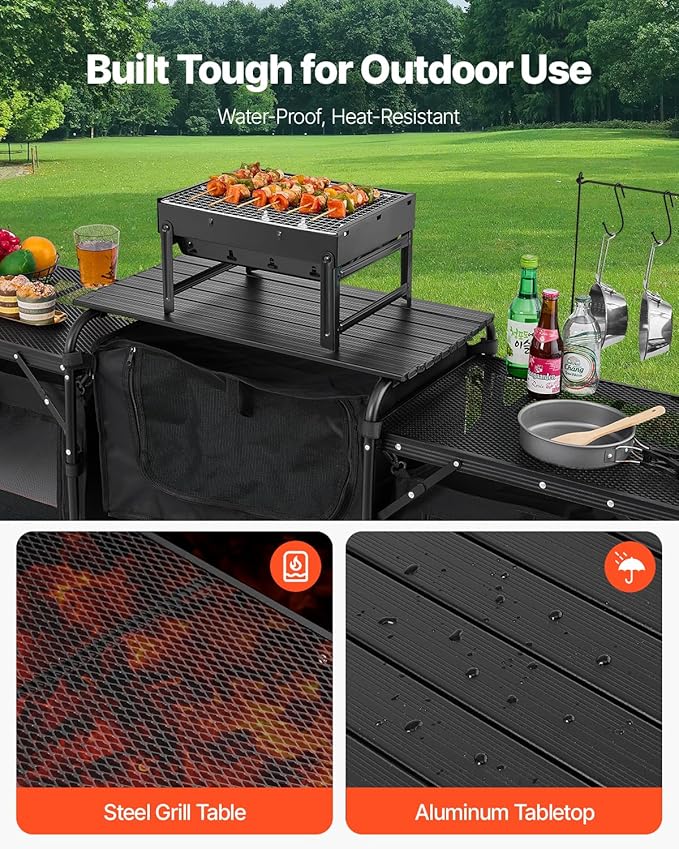 VEVOR Camping Kitchen Table Outdoor Camp Cooking Table Aluminum Portable Cook Station with 3 Storage Cupboard Carrying Bag Detachable Windscreen Quick Set-up for BBQ Party Picnic RV Travel Black