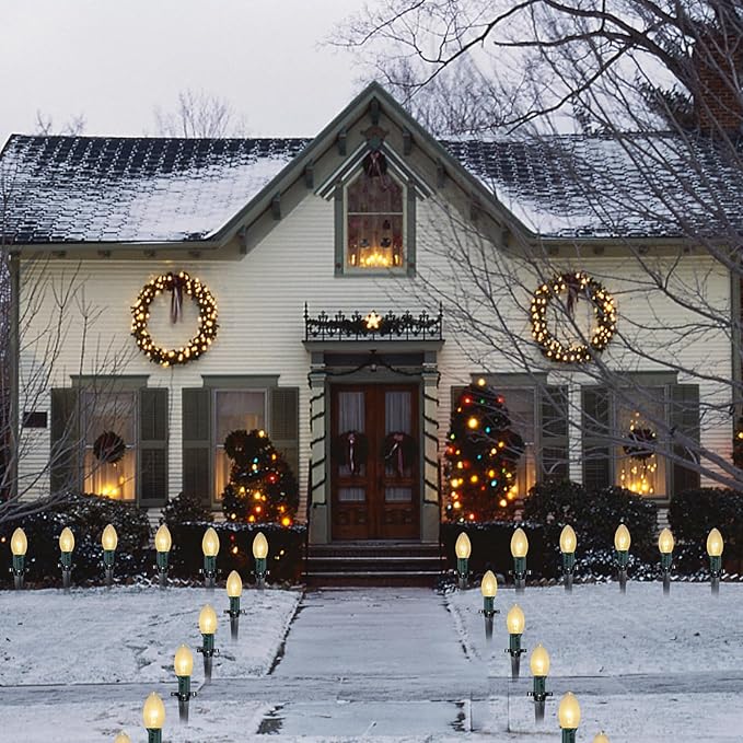 C9 Christmas Pathway String Lights 38Ft Clear Pathway String Lights Outdoor with 25 Clear Bulbs and Stakes Waterproof Walkway Lights for Outside Driveway Sidewalk Outdoor Christmas Decorations