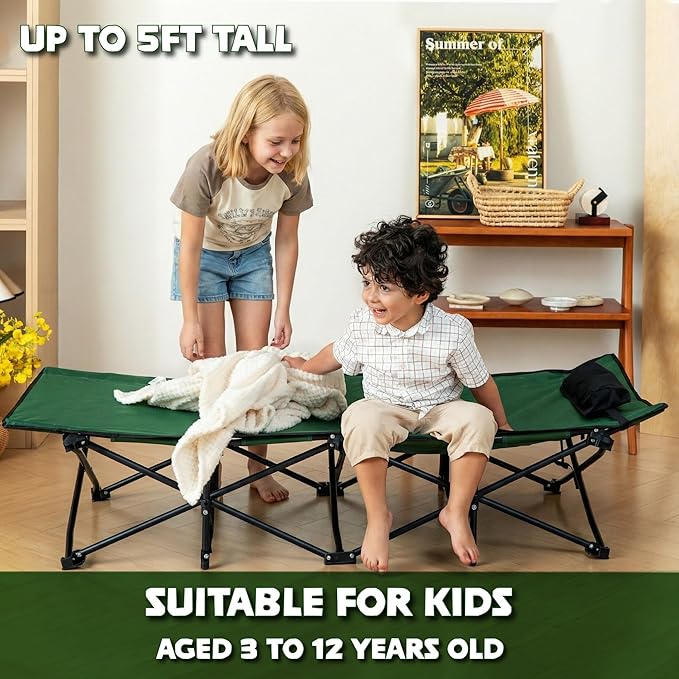LITTLE EXPLORERS Kids cot Child Camping and Travel Cot Kids Cots for Sleeping Foldable Bed for Kid Includes Pillow and Bag | Age 3-12 | 60inch