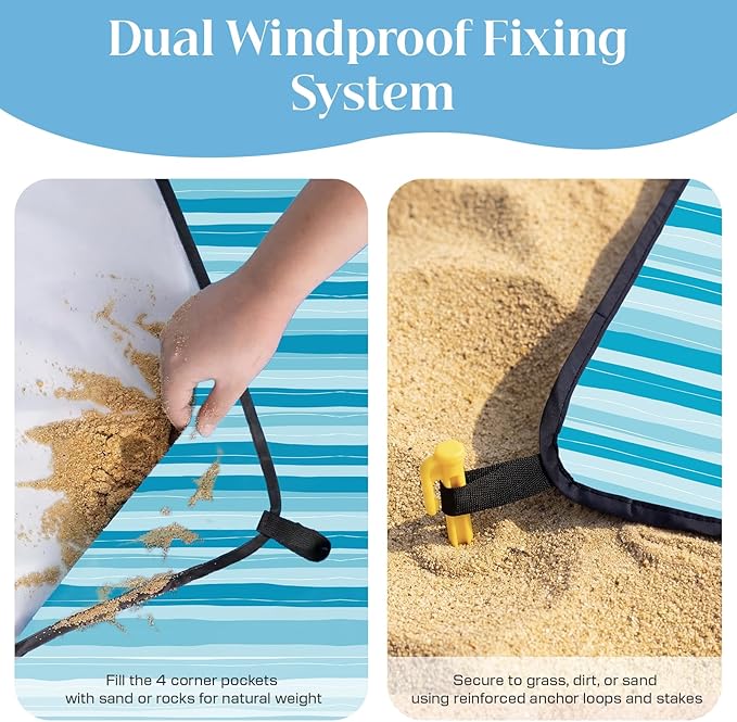 OIGAE 7x7ft Sandproof Beach Blanket - Large Waterproof Picnic Mat for 3-4 People Lightweight Sand Free Mat for Summer Vacation with 6 Stakes &amp 4 Corner Pockets for Beach Camping Festivals