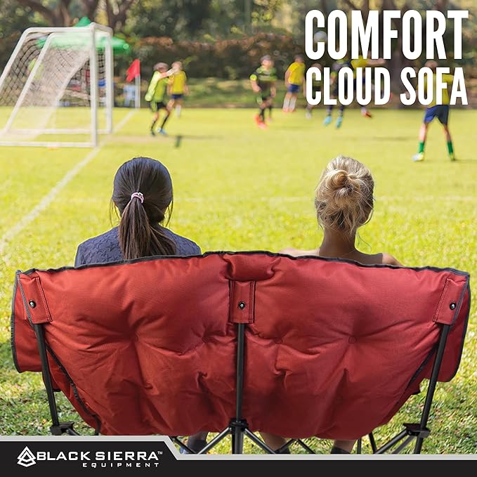 Black Sierra Double Camping Chair for Adults Oversized Folding Loveseat Supports 600 lbs Plush Padded Outdoor Couch with Cup Holders and Carry Bag for Beach Patio RV or Tailgating Events