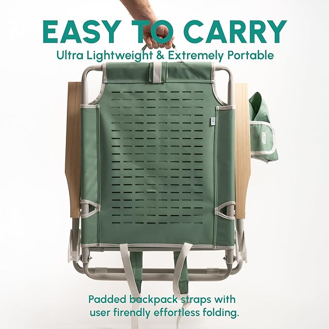 SUN'Y Escapes Backpack Beach Chair - Made w/Ocean Bound Plastics Customizable w/MOLLE Accessories Ultra Lightweight Low-Seat Natural Comfort Durable Rust Free &amp Waterproof - Sea Green