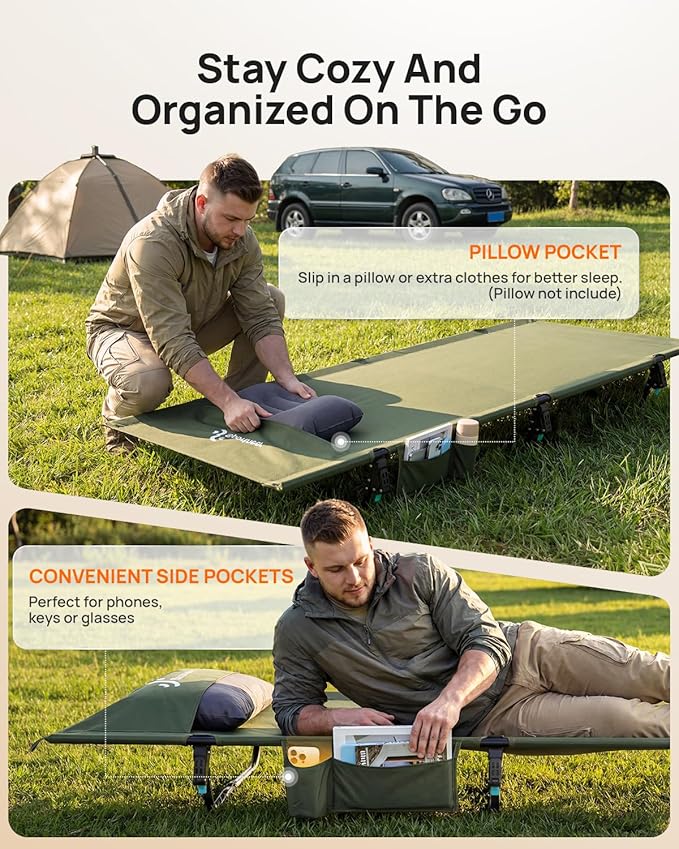 Sportneer Camping Cot 31.5'' Extra Wide Army Green Compact Folding Cot with Side Pocket &amp Carry Bag Lightweight Portable Outdoor Bed for Adults Camping Home Travel