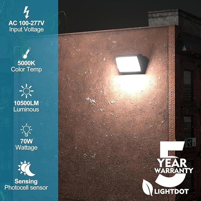 Lightdot 8Pack 70W LED Wall Pack Lights 100-277v Off Dusk to Dawn Photocell 10500Lm(150Lm/W) 5000K IP65 Outdoor Exterior Lighting for GarageWarehouseYardBuildingFactoryETL