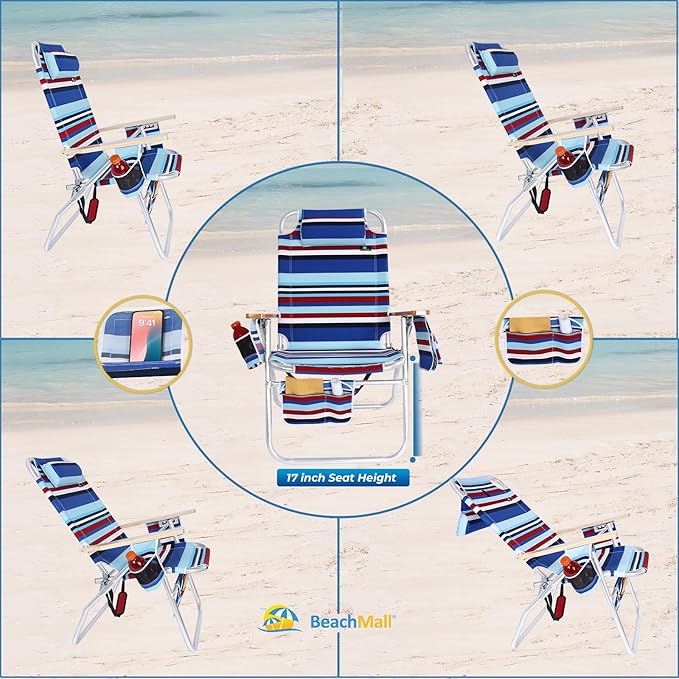 Deluxe XL Tall 17 Inches High Seat Beach Chair for Adults Heavy Duty Aluminum Frame Wide Plus Size 300 lb Capacity