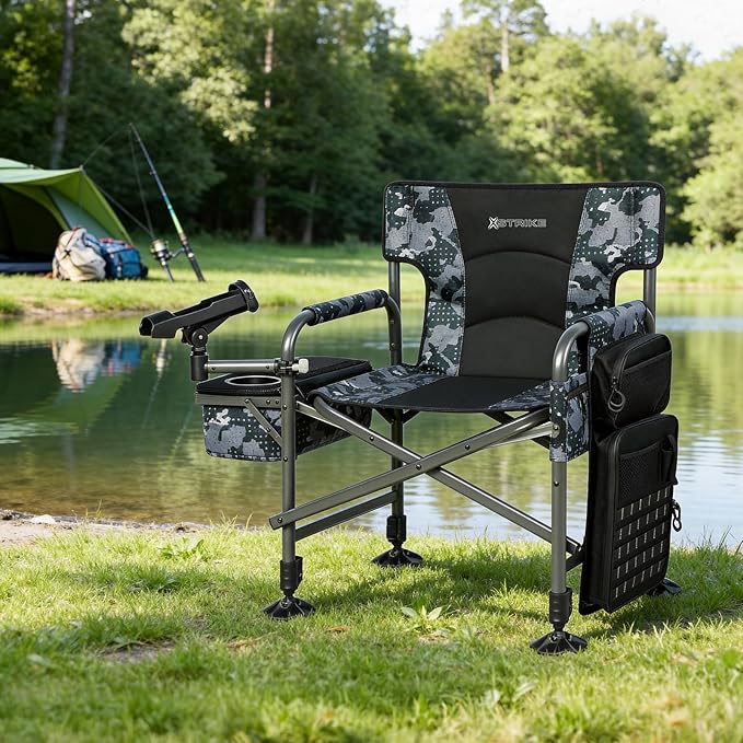 X Strike Fishing Chairs with Rod Holder Folding Ice Fishing Chair for Adults Outdoor Camping Chair Leg Adjustable with Cooler Bag and Storage Bag for Ice Fishing Camp Lawn Patio Garden