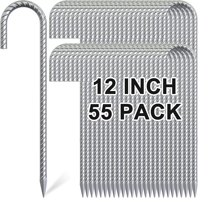 12 Inch J Hook Rebar Stakes 55 Pack Heavy Duty Galvanized Steel Tent Stakes Anti-Rust Ground Anchors Chain Link Fence Stakes for Yard Decorations Infltables Canopy Tarp Garden