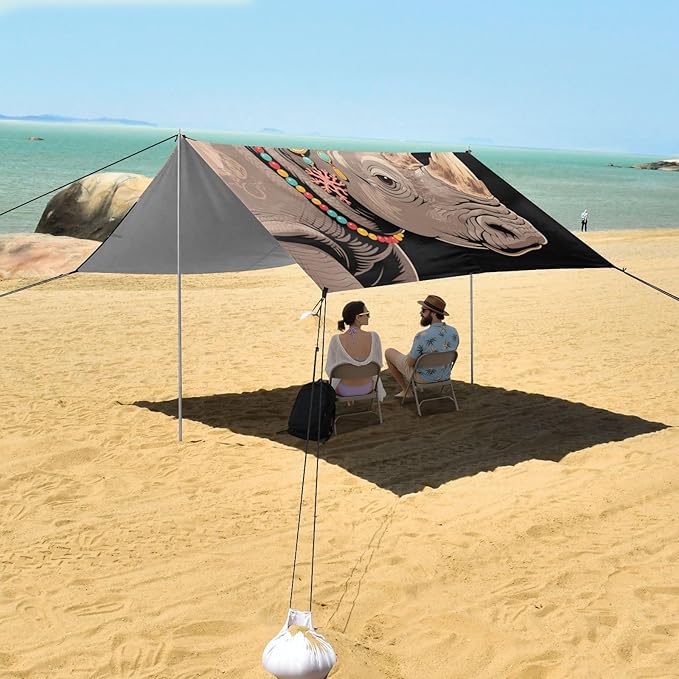 Retro Exquisite Rhinoceros Beach Tent Camping Sun Shelters Portable Outdoor Canopy Sun Shade for Camping Trips Fishing Backyard Fun or Picnics Easy Setup with Carrying Bag