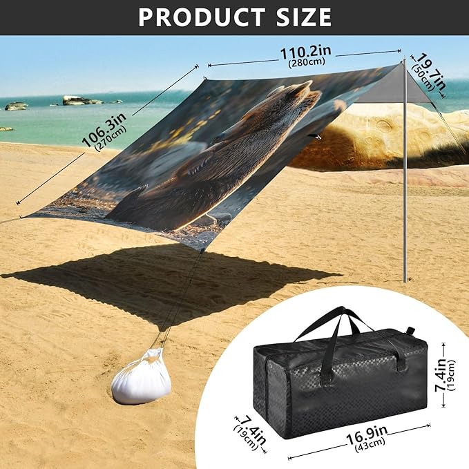 Sitting Bear Pattern Beach Tent Sun Shelter 9.2' x 10.5' Beach Canopy with 4 Sandbags 4 Stability Poles Sand Shovels - Tent Canopy for Beach Camping Fishing Picnics