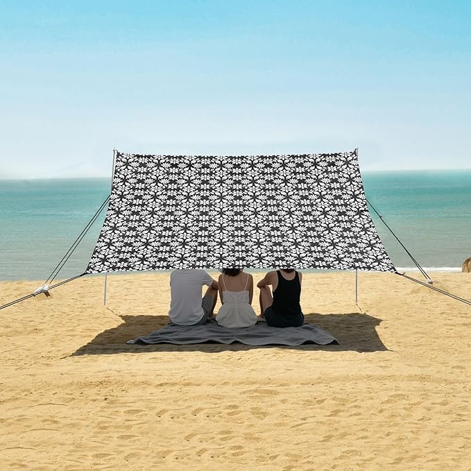 ALAZA White Geometric Floral Beach Tent Sun Shelter UPF50+ Protection Beach Shade Canopy w/ 4 Sandbags for Outdoor Camping Fishing Backyard Fun Picnic 10x9 ft
