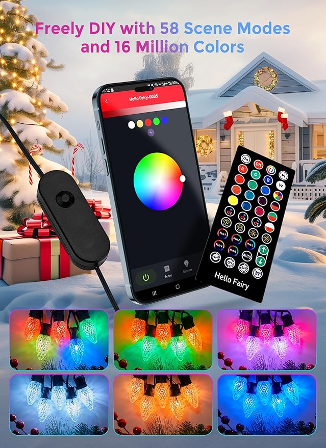 Brightown C9 LED Christmas Lights Outdoor 150LED RGB Smart Christmas Tree Lights Music Sync DIY APP Controlled Waterproof Connectable C9 String Lights for House Indoor Patio Xmas Decoration