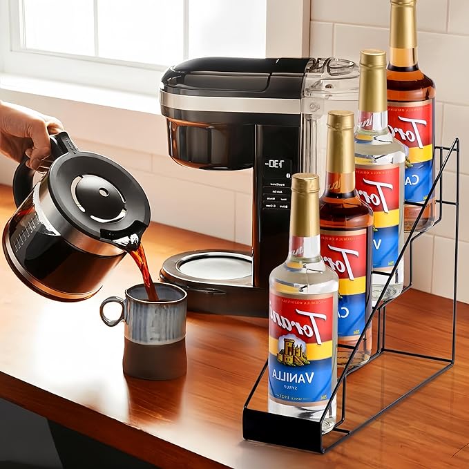 Coffee Syrup Rack &amp Syrup Holder – Loved by 5000+ Coffee Fans! Stepped Rustproof Rack Fits 750ml Torani &amp Monin Bottles Elevate Coffee Bars Kitchens Pubs Restaurants &amp Parties (4 Bot