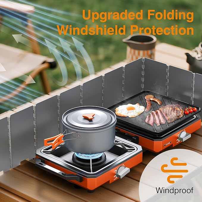ODSD 2 Burner Camping Stove with Windshield 20000 BTU Propane Camp Stove Portable Folding Gas Stove Camping Essentials Gear Includes Frying Pan Coffee Stand &amp Carry Bag Orange