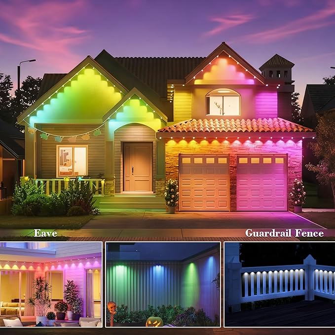 Permanent Outdoor Lights for House 50ft Waterproof RGB Eave Light IP67 String Lights with 30 LED App Remote RGB Under Eave Lighting for Garden Party Holiday Christmas Deco
