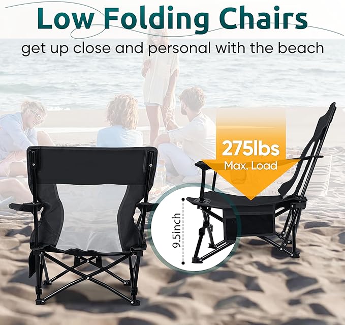 HaSteeL Folding Beach Chair Set of 2 Foldable Black Camping Chairs for Outside Low Beach Chair Portable for Adults Fishing Picnic Outdoor BBQ Travel Sports Cup Holder &amp Storage Bag