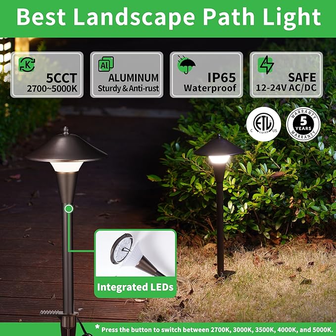 Pathway Landscaping Lighting Low Voltage 5cct Modes Garden Path Light LED 12V Outdoor Waterproof Sidewalk Lights 5W 200LM Oil Rubbed Bronze Aluminum for Outside Walkways Yard (12 Pack)