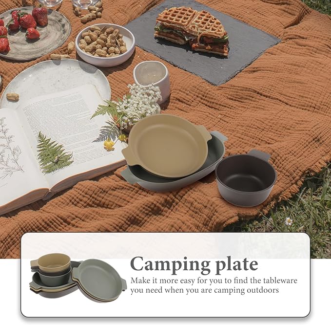 Portable Camping Mess Kit Set – Lightweight Reusable Plastic Dinnerware Set 3 Small Plates 3 Oval Plates 3 Single-Handle Bowls for Outdoor Hiking and Travel