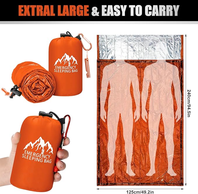 Oudain 6 Pcs XL Emergency Sleeping Bag 94.5 x 49.2 Waterproof Survival Sleeping Bag with Whistle Carabiner Portable Thermal Bivy Sack Emergency Blankets for Camping Hiking Outdoor