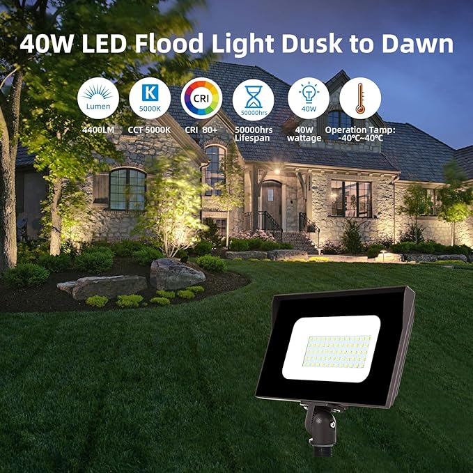 LED Flood Lights Outdoor 40W 4400LM IP65 Waterproof Adjustable Knuckle Mount LED Security Light500W Halogen Equiv5000K Daylight Dusk to Dawn Flood Light for Yard Garage Garden(2 Pack)