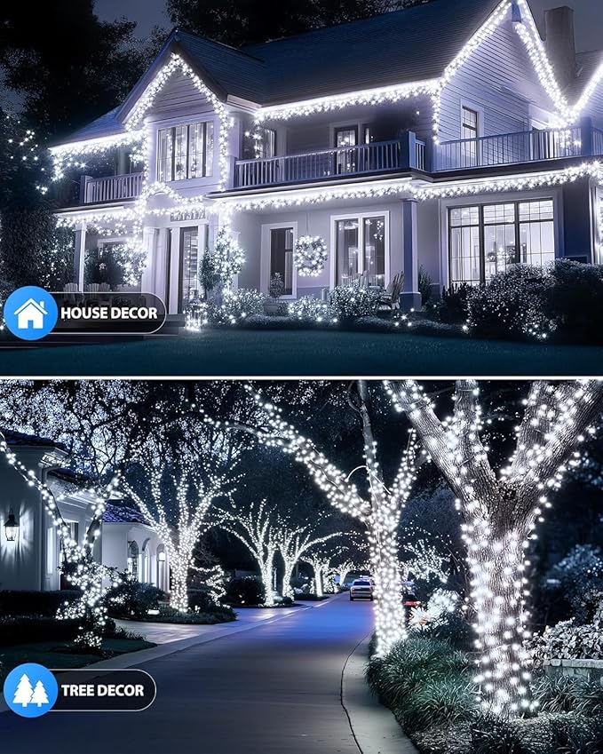 Brightown 2 Pack Solar Christmas String Lights Outdoor Total 144Ft 400 LED Twinkle Fairy Lights Waterproof with 8 Modes Auto On/Off for Patio Tree Garden Party Home Wedding Decorations (Cool White)