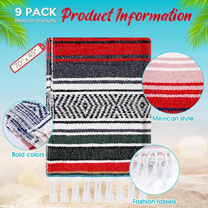 Peryiter 9 Pcs Mexican Blanket Bulk Large Yoga Blanket Striped Falsa with Fringed for Outdoor Beach Picnic Couch 45 x 70 inch (Retro Colors)
