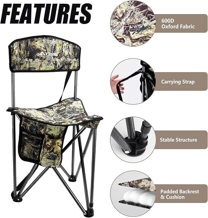 FLISSA Tripod Hunting Chair with Backrest Portable Hunting Stool Supports 250 LBS Foldable Camo Seat with Carry Strap for Hunting Hiking Fishing and Camping