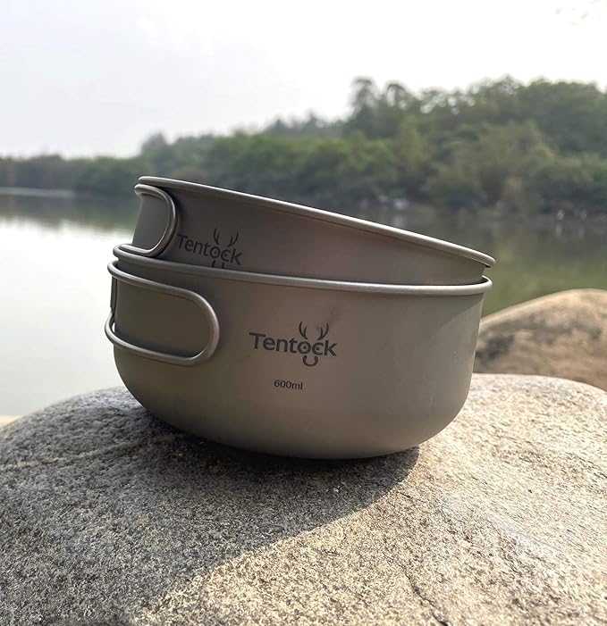 Tentock Titanium Bowls Set 500ml+600ml Ultralight Camping Cookware Outdoor Utensils with Folding Handle