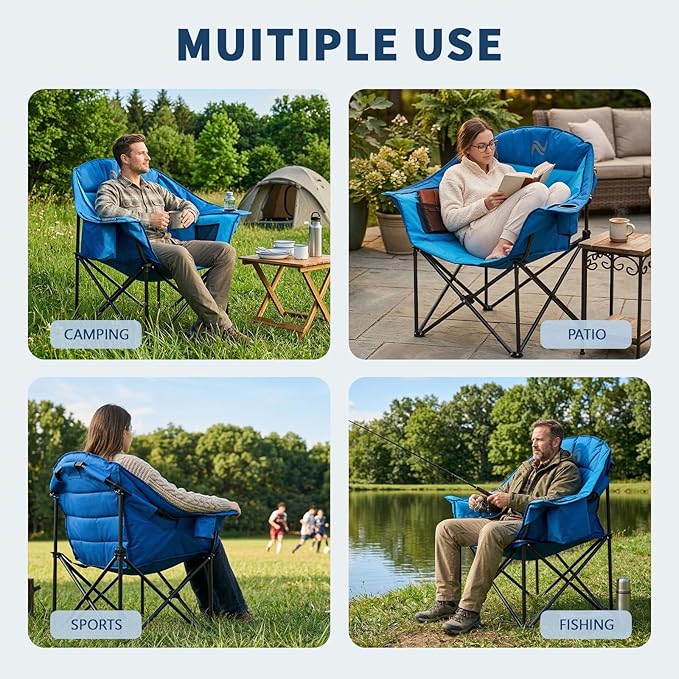 NAIZEA Padded Camping Chairs with Cooler Bag Folding Camping Chair for Adults Outdoor Heavy Duty Heated Lawn Chair for Camp Garden Firepits Patio &amp More