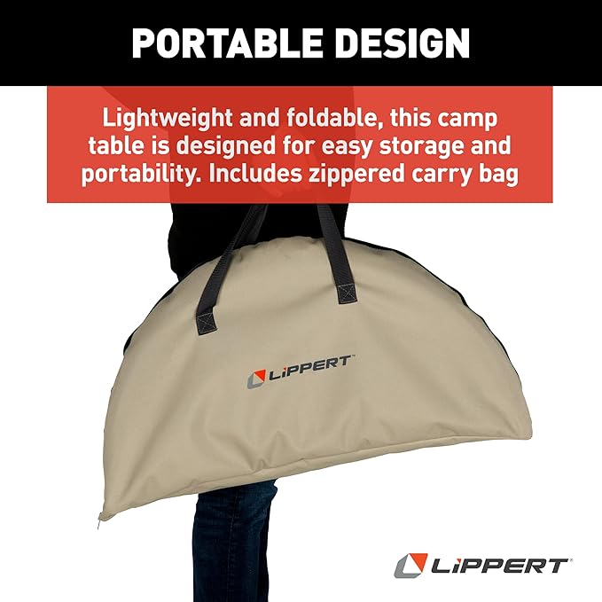 Lippert Sand Two-Tier Folding Camping Table with Dual Cupholders 600D Polyester Fabric Powder-Coated Steel Frame Foldable Design Lightweight Construction Zippered Carry Bag - 2023053721