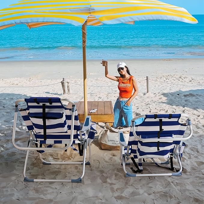 Portable Lightweight Folding Chair for AdultsOutdoor High Beach Lawn ChairPortable Backpack Foldable Camping ChairFolding Beach Chairwith Cup Holderfor Patio Pool Yard Garden (Blue Stripes)