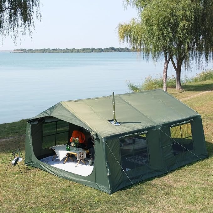 Inflatable Camping Tent with Hand Pump Waterproof Outdoor Blow up Tent 2-8 Person Oxford 4 Season Glamping Air Tent Cabin House with Mesh Windows &amp Door