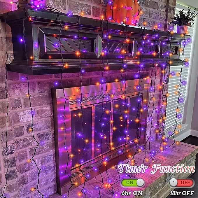 YEGUO Halloween Lights Battery Operated 2 Pack Each 33ft 100 LED Orange and Purple String Lights Outdoor Waterproof Green Wire Fairy Christmas Light Indoor with Remote