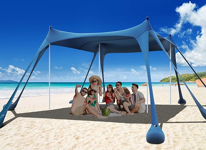 Osoeri Beach Tent Camping Sun Shelter UPF50+ with 8 Sandbags Sand Shovels Ground Pegs &amp Stability Poles Outdoor Shade Beach Canopy for Camping Trips Fishing Backyard Fun or Picnics