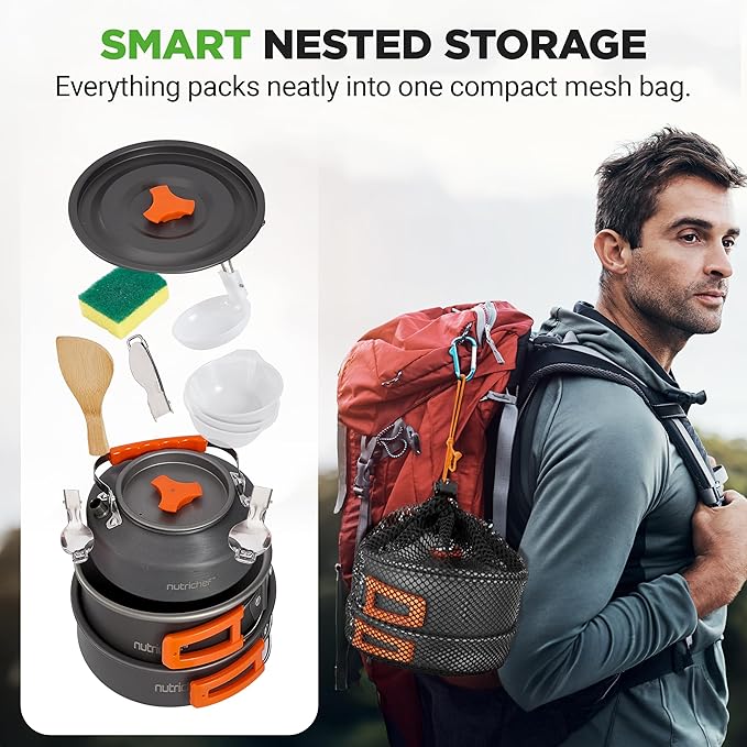 NutriChef Camping Cookware Set - Lightweight Nonstick Pots Pans Utensils Bowls Cutlery and Cleaning Tools with Mesh Bag Foldable Handles Compact Outdoor Cooking Gear for Hiking &amp Travel (Gr