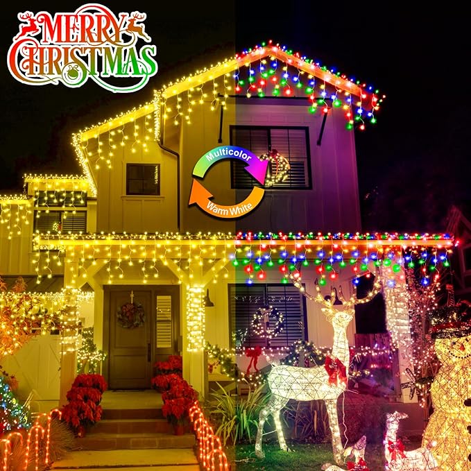 Color Changing Ice Lights 164FT 1600 LED Outside with 320 Drops 11 Modes Timer Waterproof Warm White to Multicolor String Lights for Christmas Eaves Party Decorations