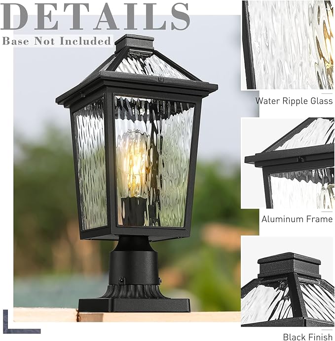 zeyu 16.5 Inch Large Post Lights Post Lamps Outdoor for Garden Porch Die-Cast Aluminum with Water Ripple Glass Black Finish ZX58MP-SW BK