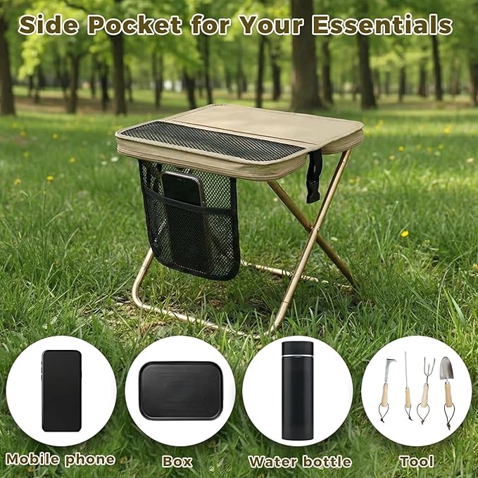 Portable Collapsible Stool - Folding Chair with Storage Pouch Convertible Satchel for Hands-Free Carry &amp Supports 265Lbs Ultralight for Hiking Fishing Camping Festivals (Khaki)